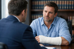 Man with broken arm with attorney