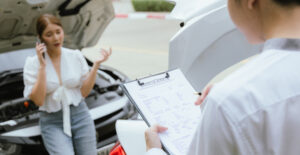 A young man and an woman inspect a damaged car after an auto accident. The insurance agent examines the vehicle, writing a report while gathering evidence for the claim